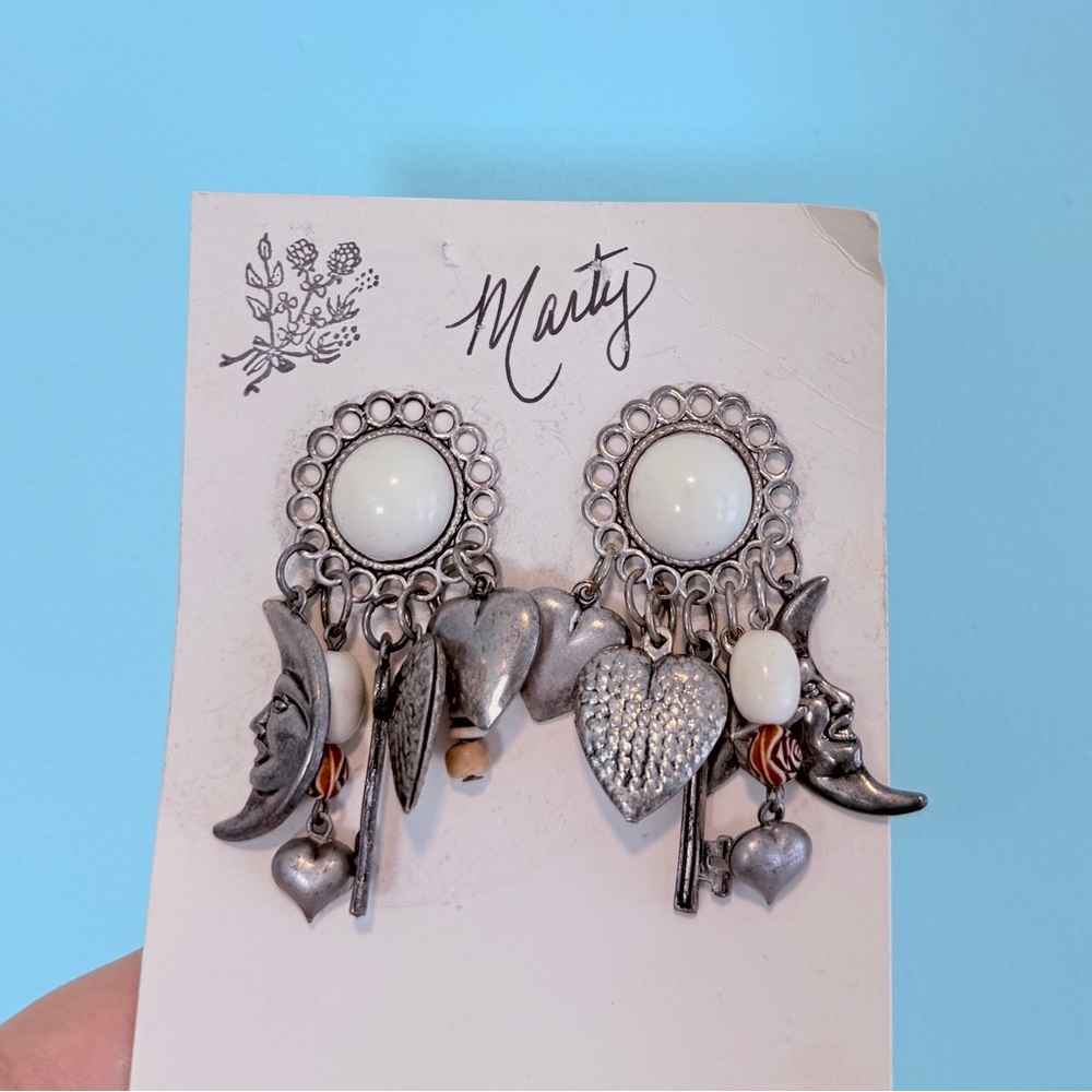 NWT Silver and White Dangle Heart Moon Charm Earrings